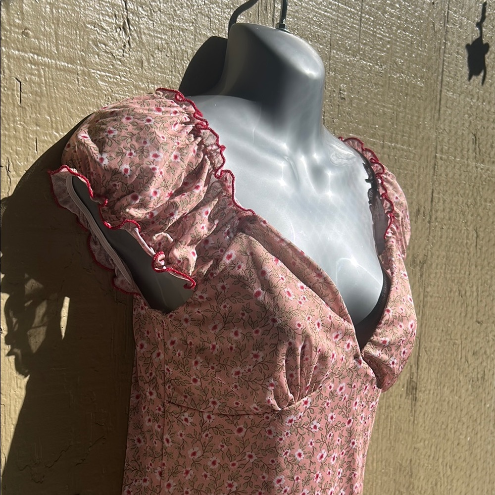 Cottagecore Coquette Pink Floral Babydoll Mini Dress Puff Sleeves Medium - Picture 5 of 7